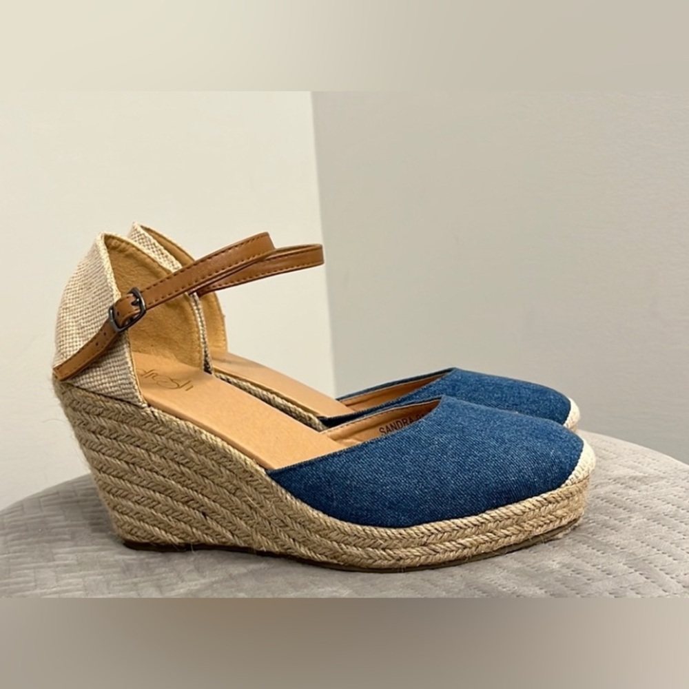 Blue and Tan Wedge Shoes
